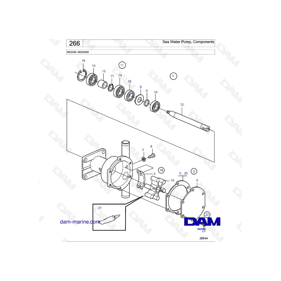 Volvo Penta MD2040 / MD2040B - Bomba de agua de mar, componentes