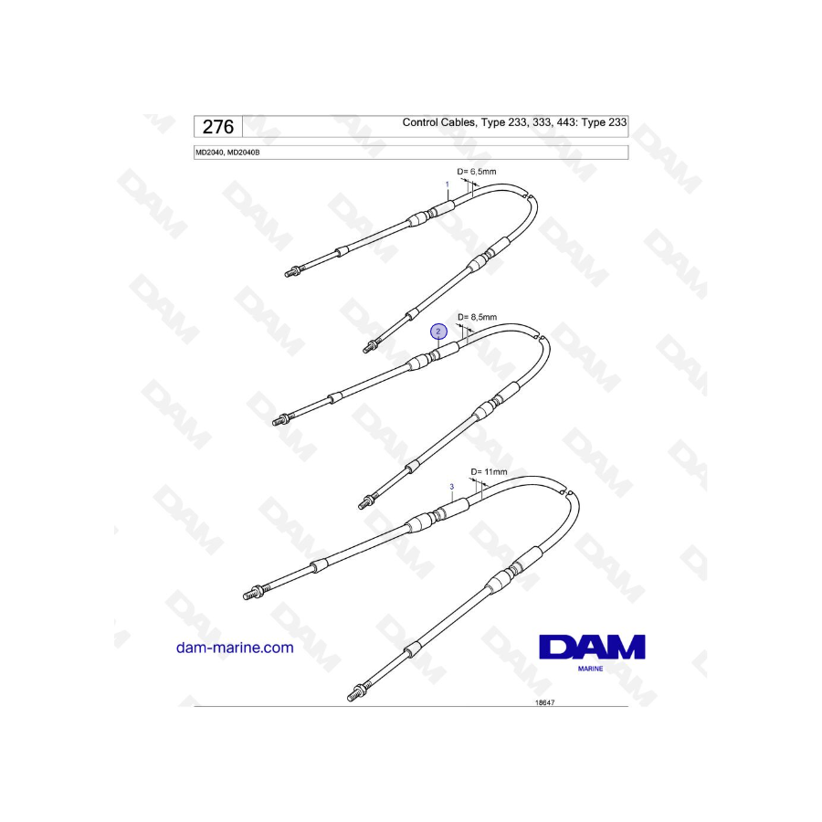 Volvo Penta MD2040 / MD2040B - Cables de control, tipo 233, 333, 443