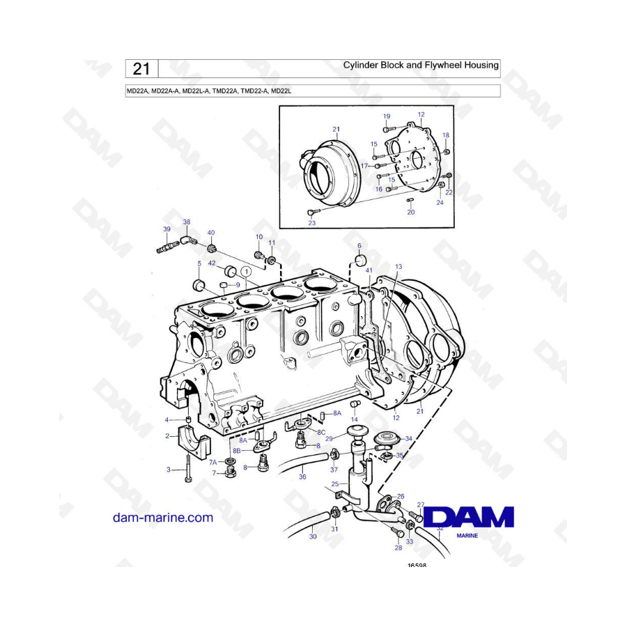 Volvo Penta MD22A / TMD22A / MD22A-A / TMD22-A - Bloque de cilindros y carcasa del volante