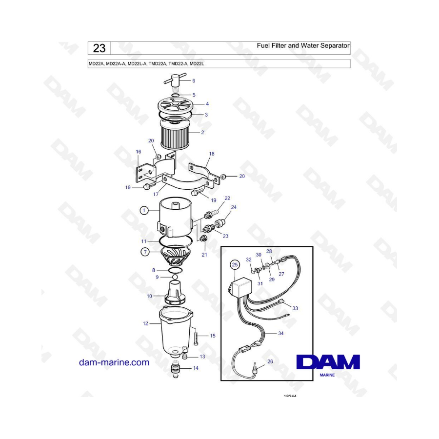 Volvo Penta MD22A / MD22A-A / MD22L-A / TMD22A / TMD22-A / MD22L - Filtro de combustible y separador de agua