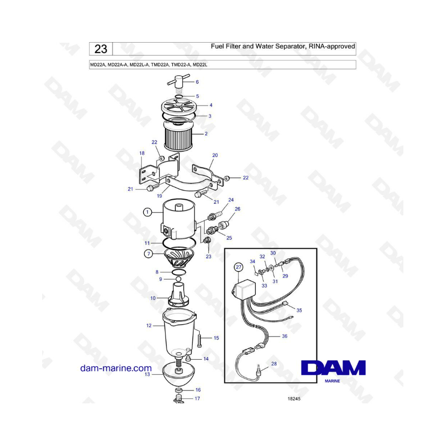 Volvo Penta MD22A / MD22A-A / MD22L-A / TMD22A / TMD22-A / MD22L - Filtro de combustible y separador de agua, aprobado por RINA