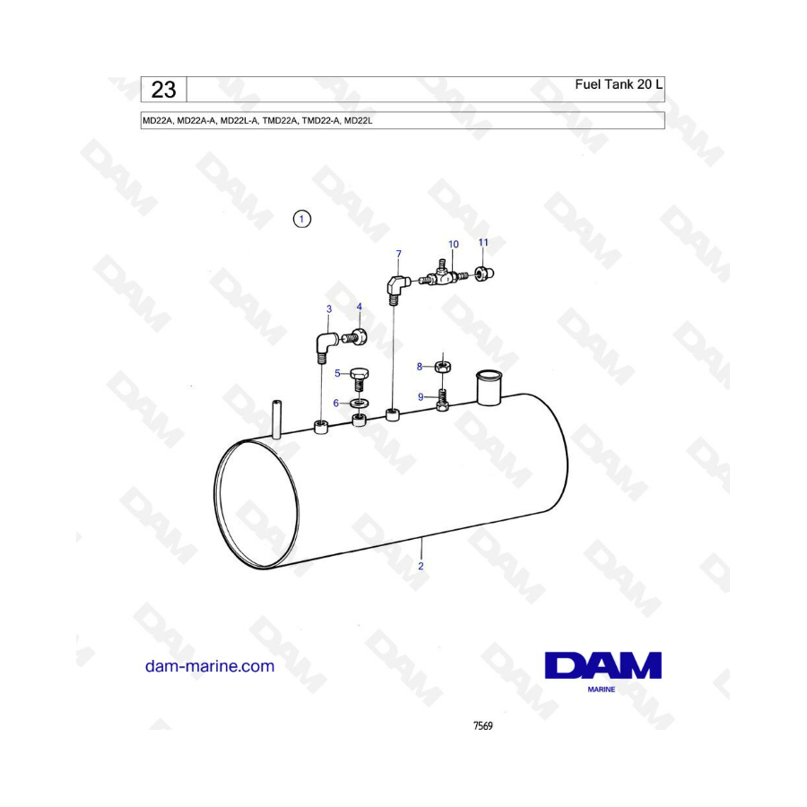 Volvo Penta MD22A / MD22A-A / MD22L-A / TMD22A / TMD22-A / MD22L - Depósito de combustible 20 L