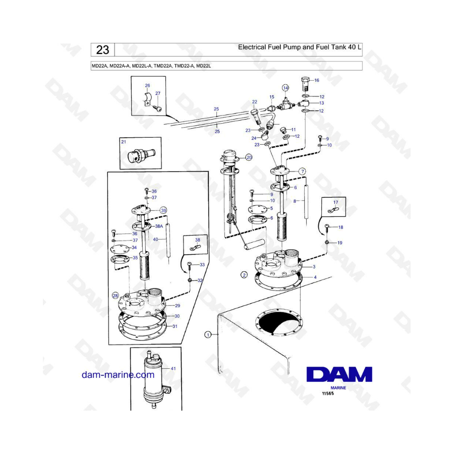 Volvo Penta MD22A / MD22A-A / MD22L-A / TMD22A / TMD22-A / MD22L - Bomba de combustible eléctrica y depósito de combustible 40 L