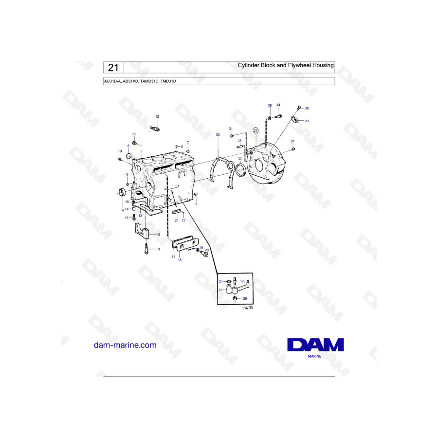 Volvo Penta AD31D-A / AD31XD / TAMD31D / TMD31D - Bloque de cilindros y carcasa del volante