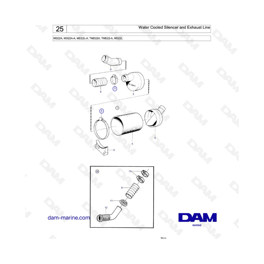 Volvo Penta MD22A / MD22A-A / MD22L-A / TMD22A / TMD22-A / MD22L - Silenciador refrigerado por agua y línea de escape