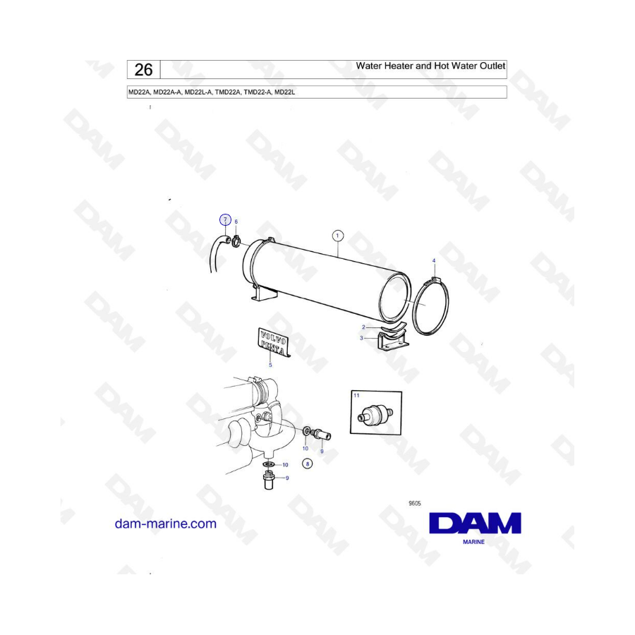  Volvo Penta MD22A / MD22A-A / MD22L-A / TMD22A / TMD22-A / MD22L - Calentador de agua y salida de agua caliente