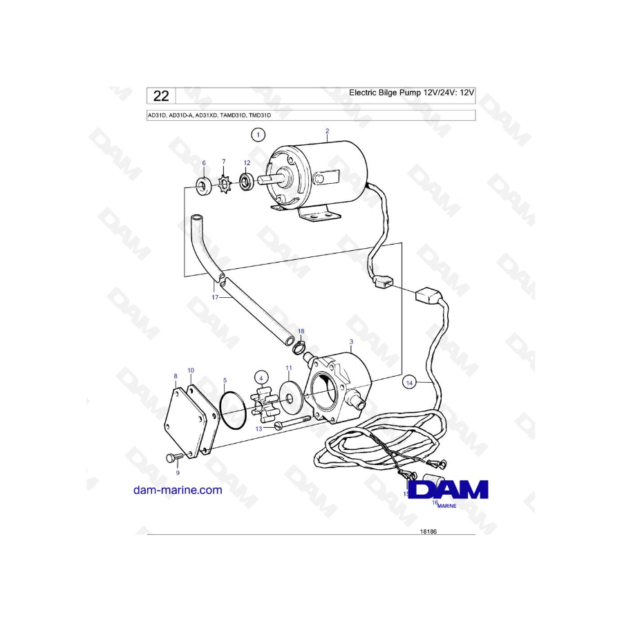 Volvo Penta AD31D / AD31D-A / AD31XD / TAMD31D / TMD31D - Bomba de achique eléctrica 12V/24V: 12V