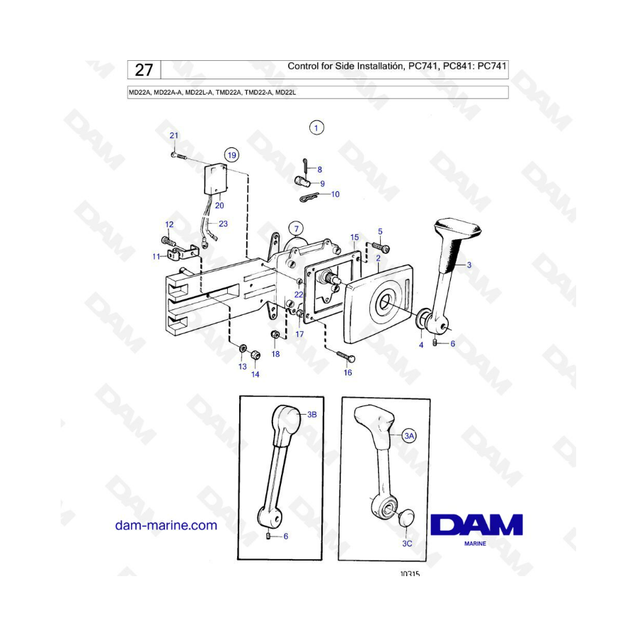 Volvo Penta MD22A / MD22A-A / MD22L-A / TMD22A / TMD22-A / MD22L - Control for Side Installation, PC741, PC841: PC741