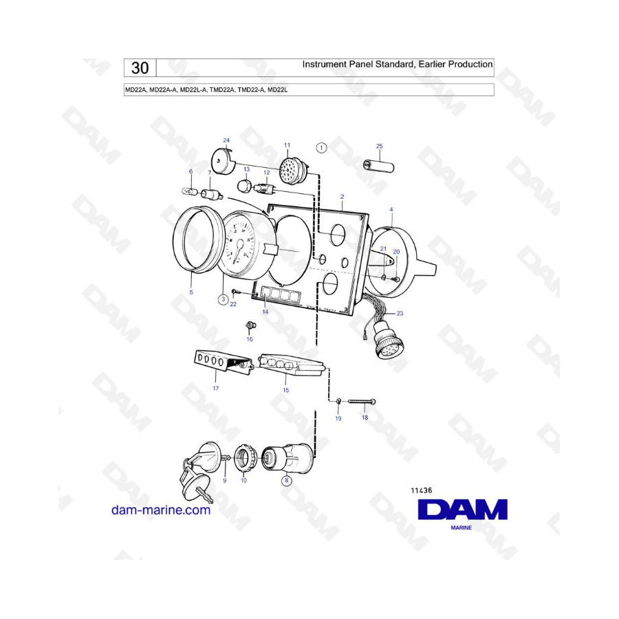 Volvo Penta MD22A / MD22L-A / MD22A-A / TMD22A / TMD22-A / MD22L - Panel de instrumentos estándar, producción anterior