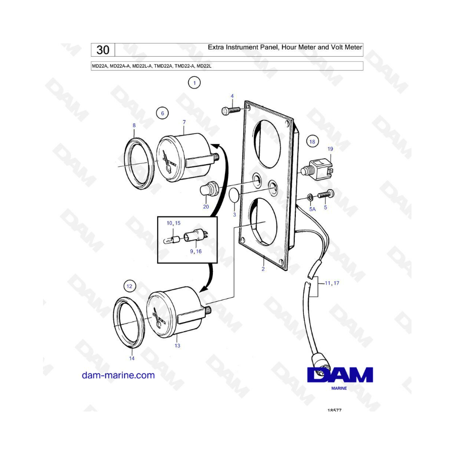 Volvo Penta MD22A / MD22L-A / MD22A-A / TMD22A / TMD22-A / MD22L - Extra instrument panel, hour meter & volt meter