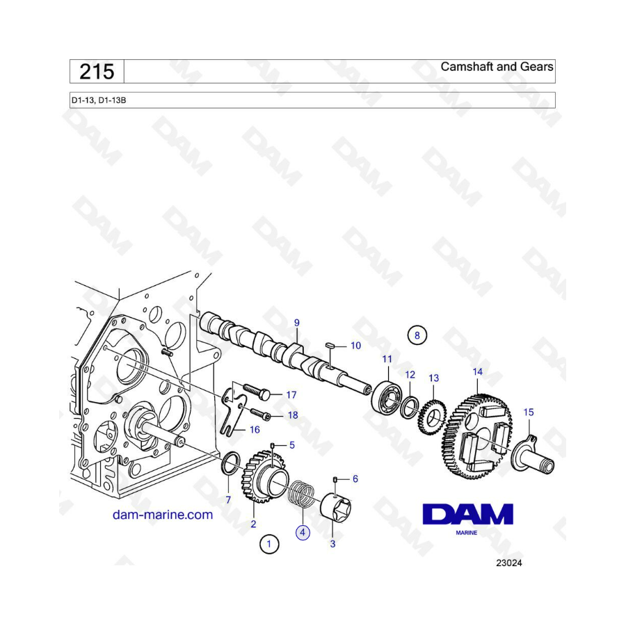 Volvo Penta D1-13 / D1-13B - Árbol de levas y engranajes