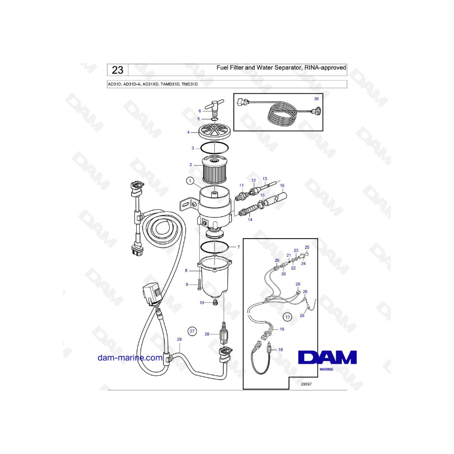 Volvo Penta AD31D / AD31D-A / AD31XD / TAMD31D / TMD31D - Filtro de combustible y separador de agua, aprobado por RINA