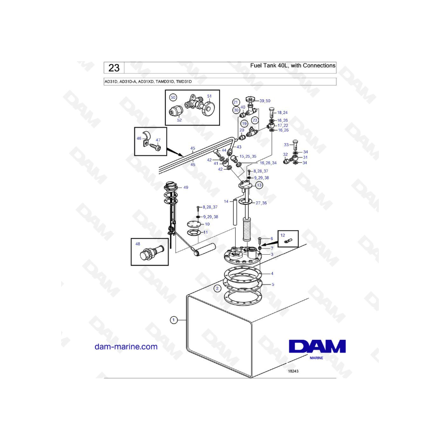 Volvo Penta AD31D / AD31D-A / AD31XD / TAMD31D / TMD31D - Depósito de Combustible 40L, con Conexiones