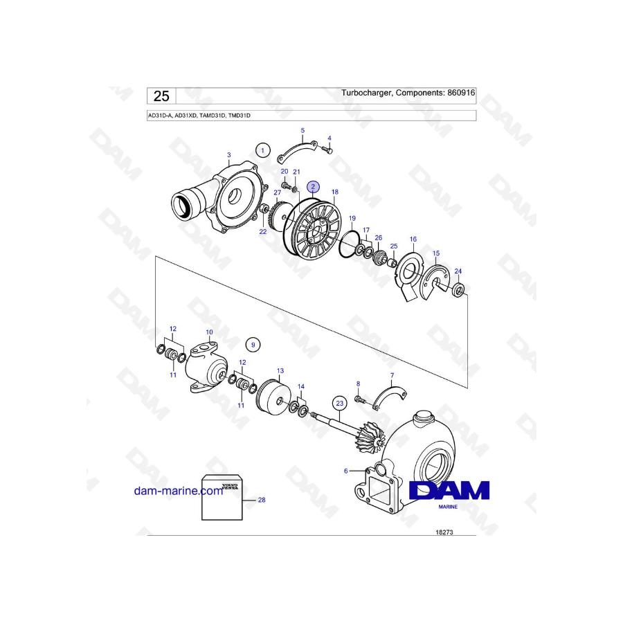 Volvo Penta AD31D-A / AD31XD / TAMD31D / TMD31D - Turbocompresor, Componentes: 860916