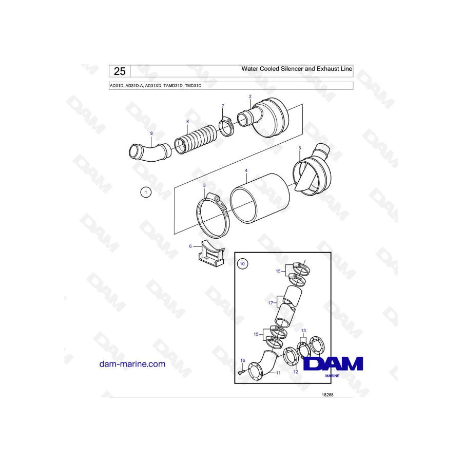 Volvo Penta AD31D / AD31D-A / AD31XD / TAMD31D / TMD31D - Water Cooled Silencer and Exhaust Line