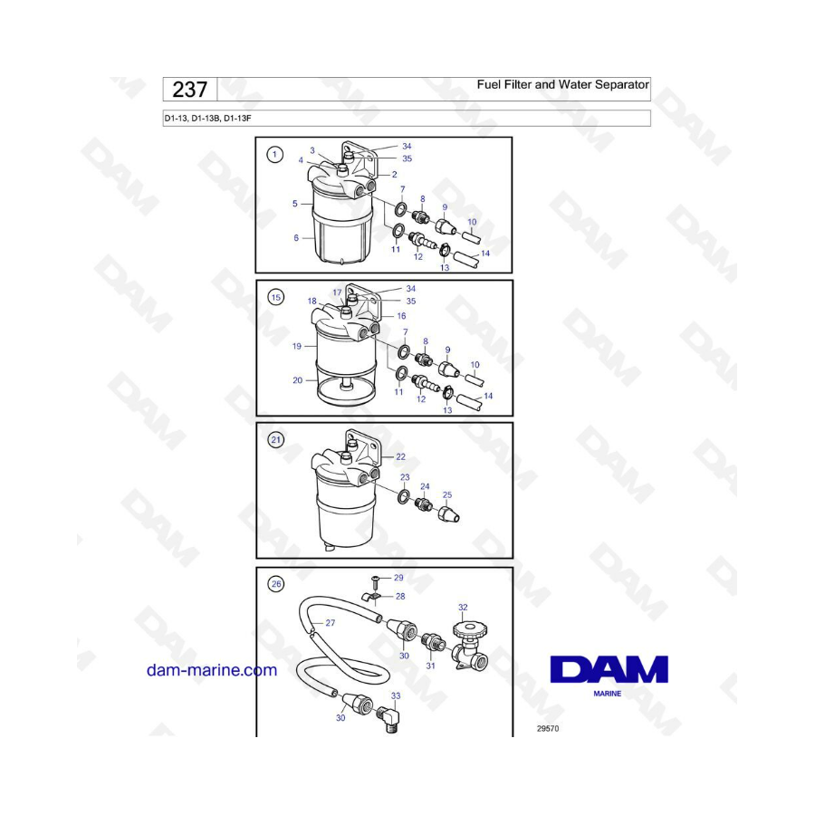 Volvo Penta D1-13 / D1-13B / D1-13F - Filtro de combustible y separador de agua