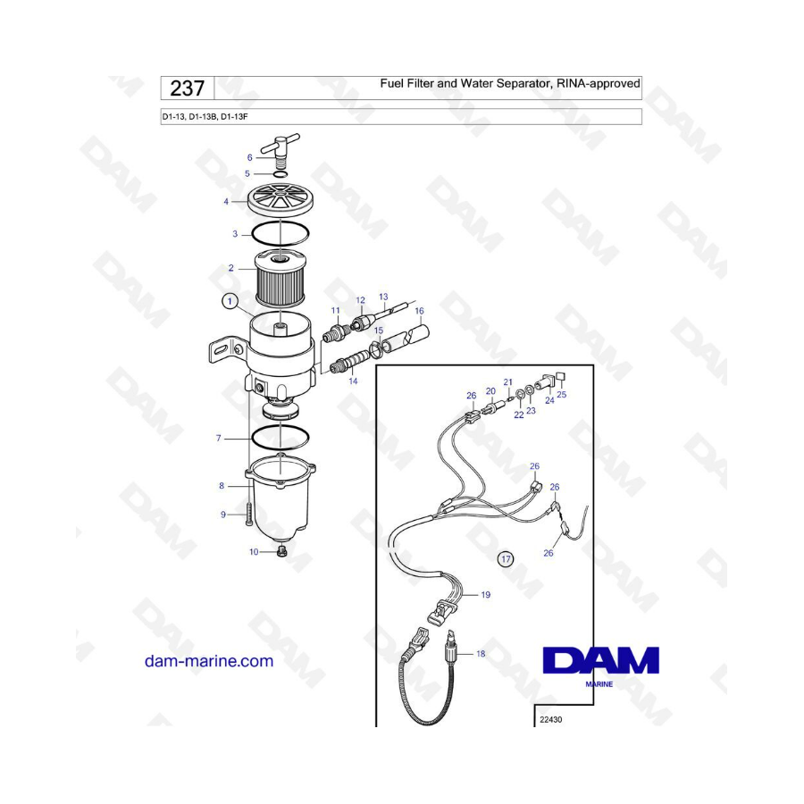 Volvo Penta D1-13 / D1-13B / D1-13F - Filtro de combustible y separador de agua, aprobado por RINA