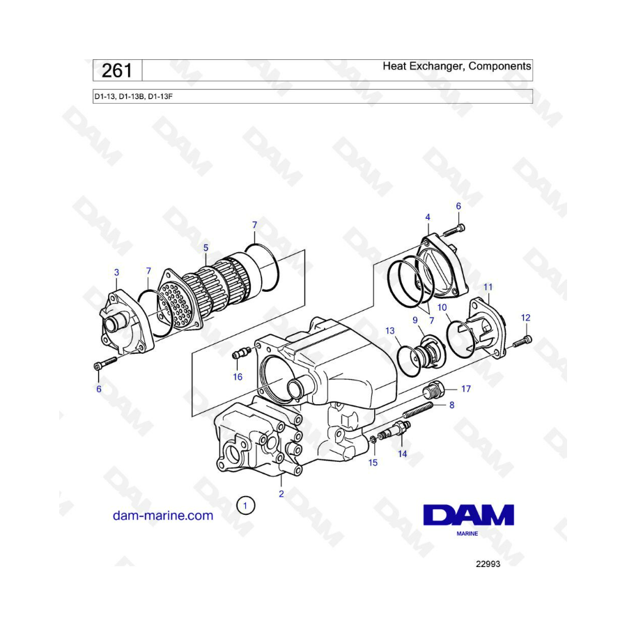 Volvo Penta D1-13 / D1-13B / D1-13F - Intercambiador de calor, componentes