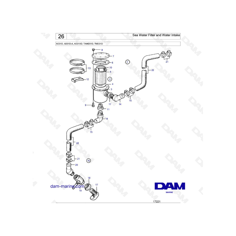 Volvo Penta AD31D / AD31D-A / AD31XD / TAMD31D / TMD31D - Filtro de agua de mar y toma de agua