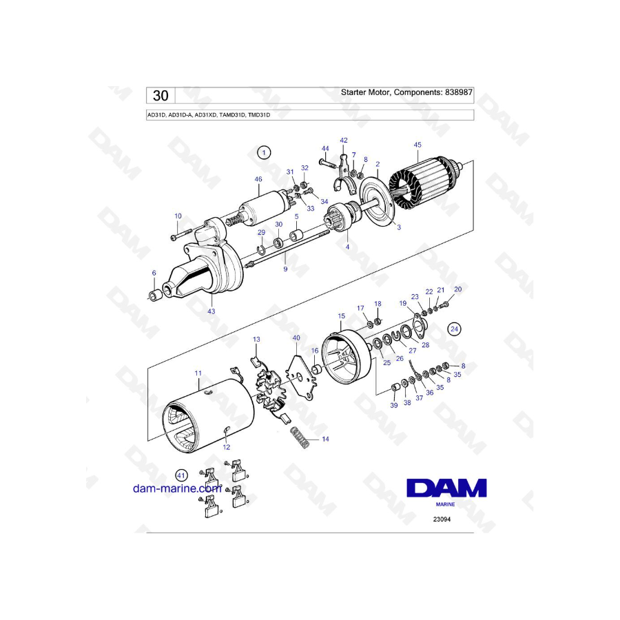 Volvo Penta AD31D / AD31D-A / AD31XD / TAMD31D / TMD31D - Starter Motor, Components: 838987