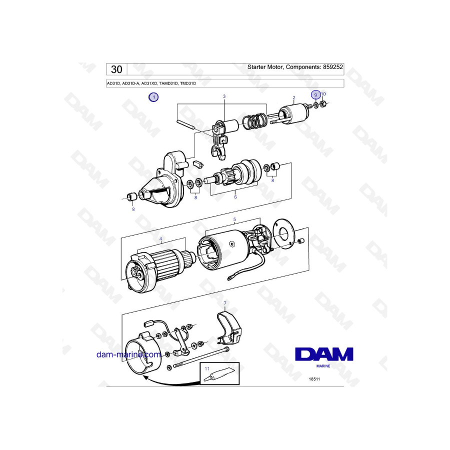 Volvo Penta AD31D / AD31D-A / AD31XD / TAMD31D / TMD31D - Motor de arranque, Componentes: 859252