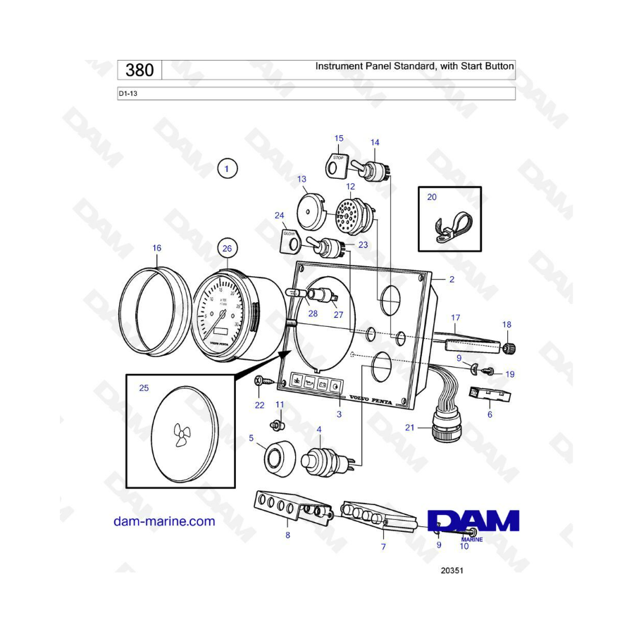 Volvo Penta D1-13 - Panel de instrumentos estándar, con botón de inicio