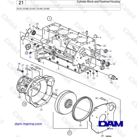 Volvo Penta D2-55B / D2-55C / D2-55D / D2-55E - Bloque de cilindros y caja del volante