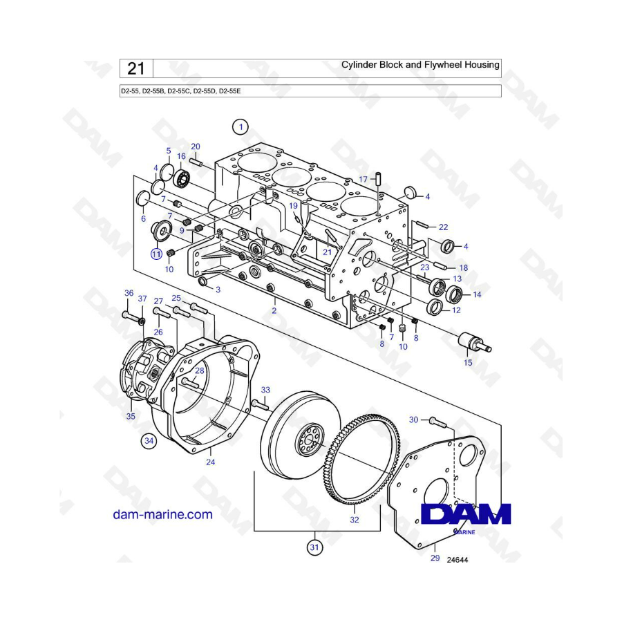 Volvo Penta D2-55B / D2-55C / D2-55D / D2-55E - Bloque de cilindros y caja del volante