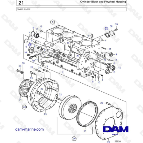 Volvo Penta D2-55F - Bloque de cilindros y carcasa del volante