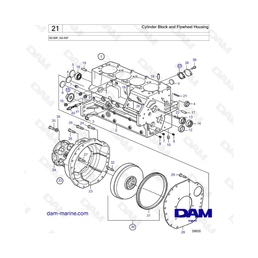 Volvo Penta D2-55F - Bloque de cilindros y carcasa del volante