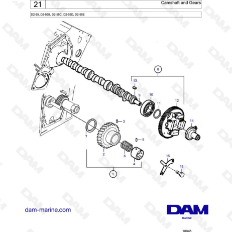  Volvo Penta D2-55B / D2-55C / D2-55D / D2-55E - Árbol de levas y engranajes