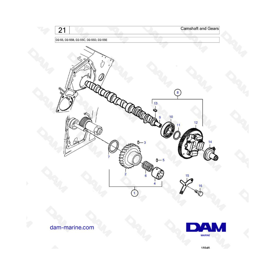  Volvo Penta D2-55B / D2-55C / D2-55D / D2-55E - Árbol de levas y engranajes