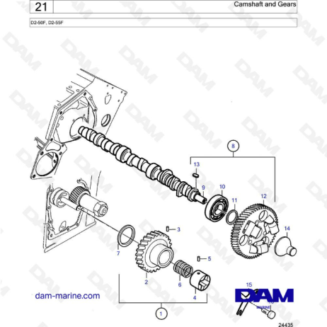 Volvo Penta D2-50F / D2-55F - Árbol de levas y engranajes