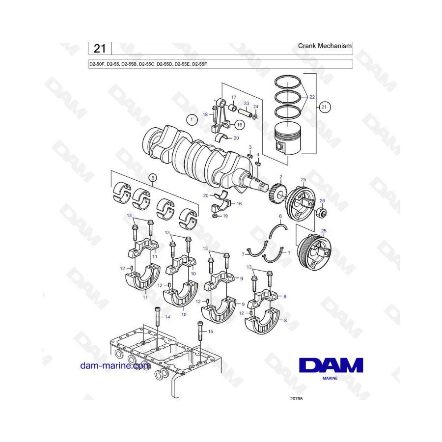 Volvo Penta D2-50F / D2-55 / D2-55B / D2-55C / D2-55D / D2-55E / D2-55F - Mecanismo de manivela