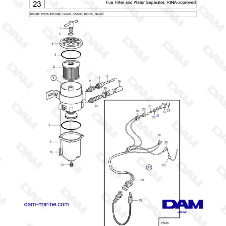 Volvo Penta D2-55B / D2-55C / D2-55D / D2-55E / D2-55F - Filtro de combustible y separador de agua, aprobado por RINA