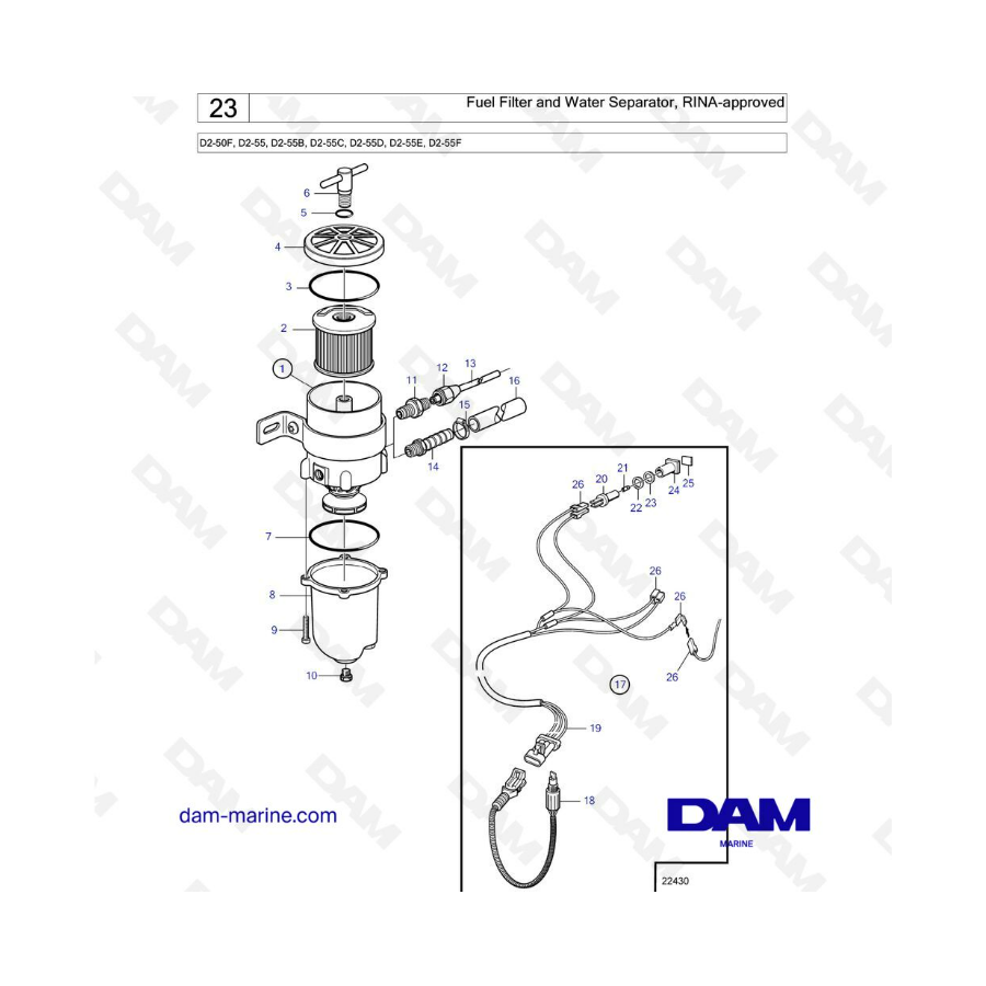 Volvo Penta D2-55B / D2-55C / D2-55D / D2-55E / D2-55F - Filtro de combustible y separador de agua, aprobado por RINA