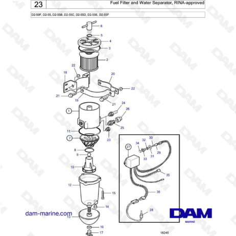 Volvo Penta D2-50F / D2-55 / D2-55B / D2-55C / D2-55D / D2-55E / D2-55F - Filtro de combustible y separador de agua, aprobado po