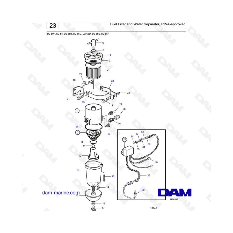 Volvo Penta D2-50F / D2-55 / D2-55B / D2-55C / D2-55D / D2-55E / D2-55F - Filtro de combustible y separador de agua, aprobado po