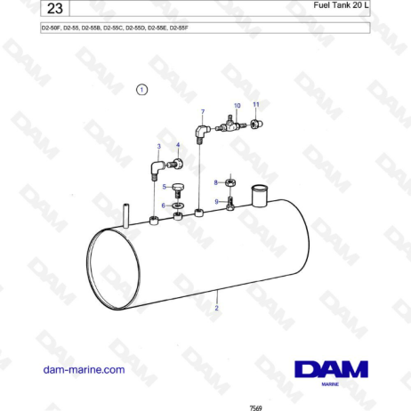 Volvo Penta D2-50F / D2-55 / D2-55B / D2-55C / D2-55D / D2-55E / D2-55F - Fuel tank 20L