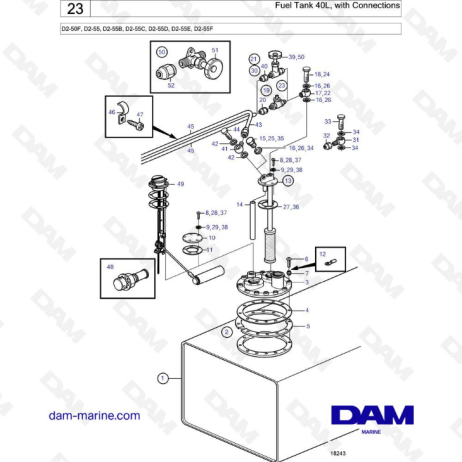 Volvo Penta D2-50F / D2-55 / D2-55B / D2-55C / D2-55D / D2-55E / D2-55F - Depósito de combustible 40L con conexiones