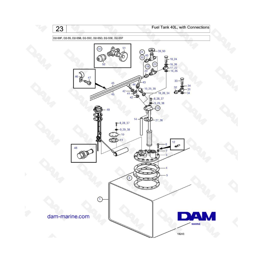 Volvo Penta D2-50F / D2-55 / D2-55B / D2-55C / D2-55D / D2-55E / D2-55F - Depósito de combustible 40L con conexiones