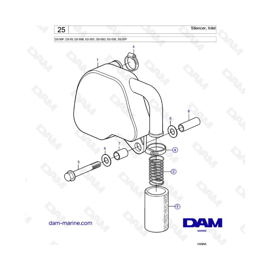 Volvo Penta D2-50F / D2-55 / D2-55B / D2-55C / D2-55D / D2-55E / D2-55F - Silencer, inlet