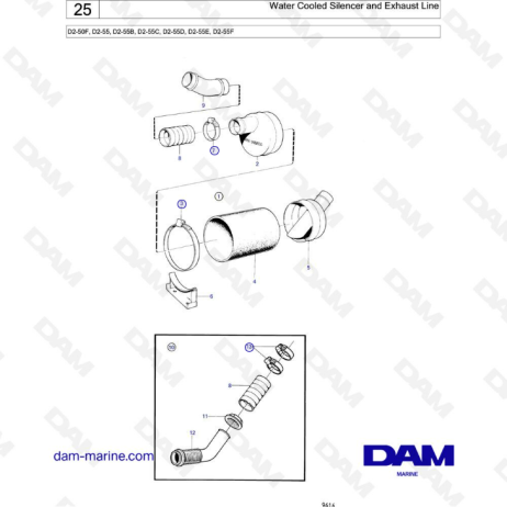 Volvo Penta D2-50F / D2-55 / D2-55B / D2-55C / D2-55D / D2-55E / D2-55F - Silenciador refrigerado por agua y línea de escape