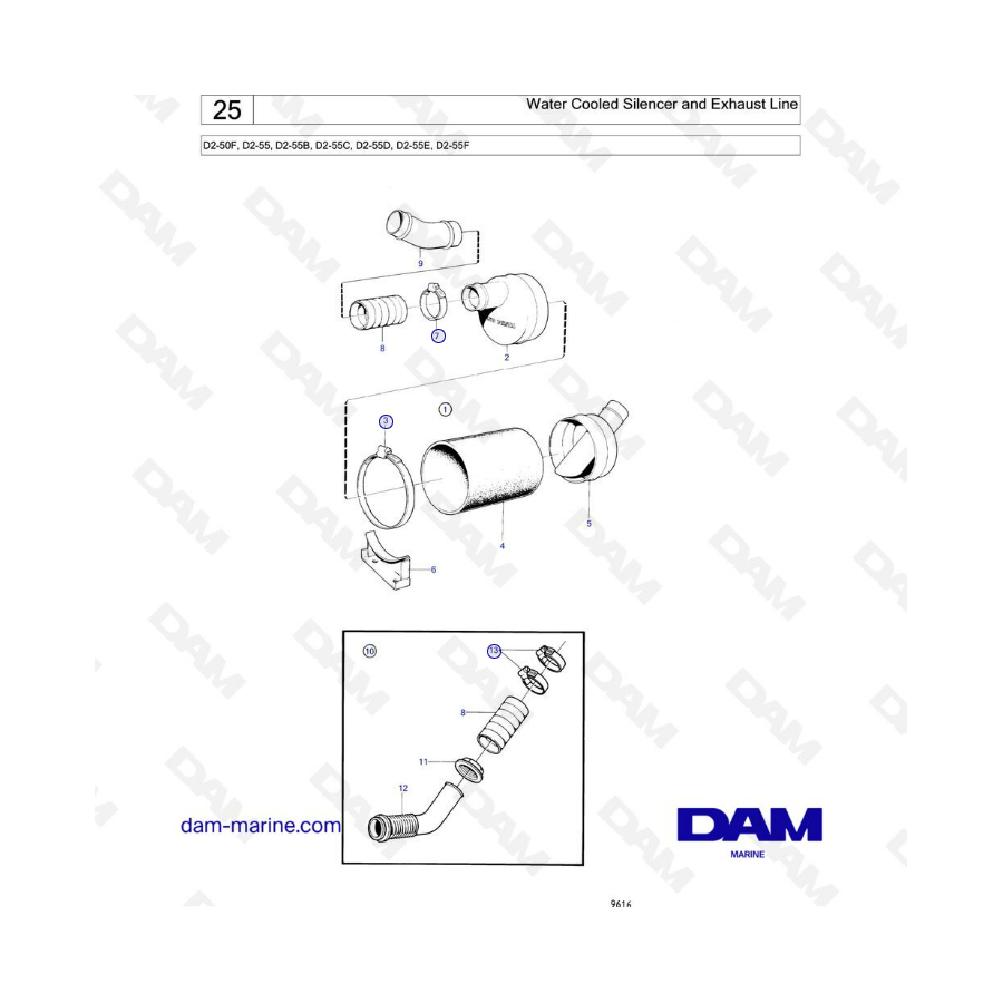 Volvo Penta D2-50F / D2-55 / D2-55B / D2-55C / D2-55D / D2-55E / D2-55F - Silenciador refrigerado por agua y línea de escape