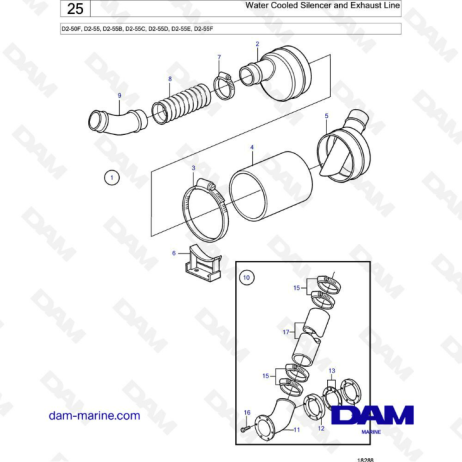 Volvo Penta D2-50F / D2-55 / D2-55B / D2-55C / D2-55D / D2-55E / D2-55F - Silenciador refrigerado por agua y línea de escape