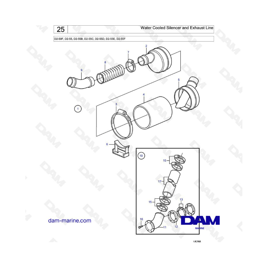 Volvo Penta D2-50F / D2-55 / D2-55B / D2-55C / D2-55D / D2-55E / D2-55F - Silenciador refrigerado por agua y línea de escape