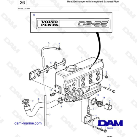 Volvo Penta D2-55 / D2-55B - Heat exchanger with integrated exhaust pipe