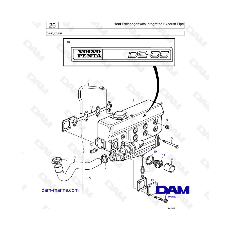 Volvo Penta D2-55 / D2-55B - Intercambiador de calor con tubo de escape integrado