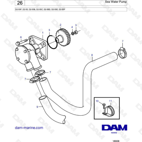 Volvo Penta D2-50F / D2-55 / D2-55B / D2-55C / D2-55D / D2-55E / D2-55F - Bomba de agua de mar