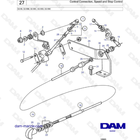 Volvo Penta D2-55 / D2-55B / D2-55C / D2-55D / D2-55E - Conexión de control, control de velocidad y parada